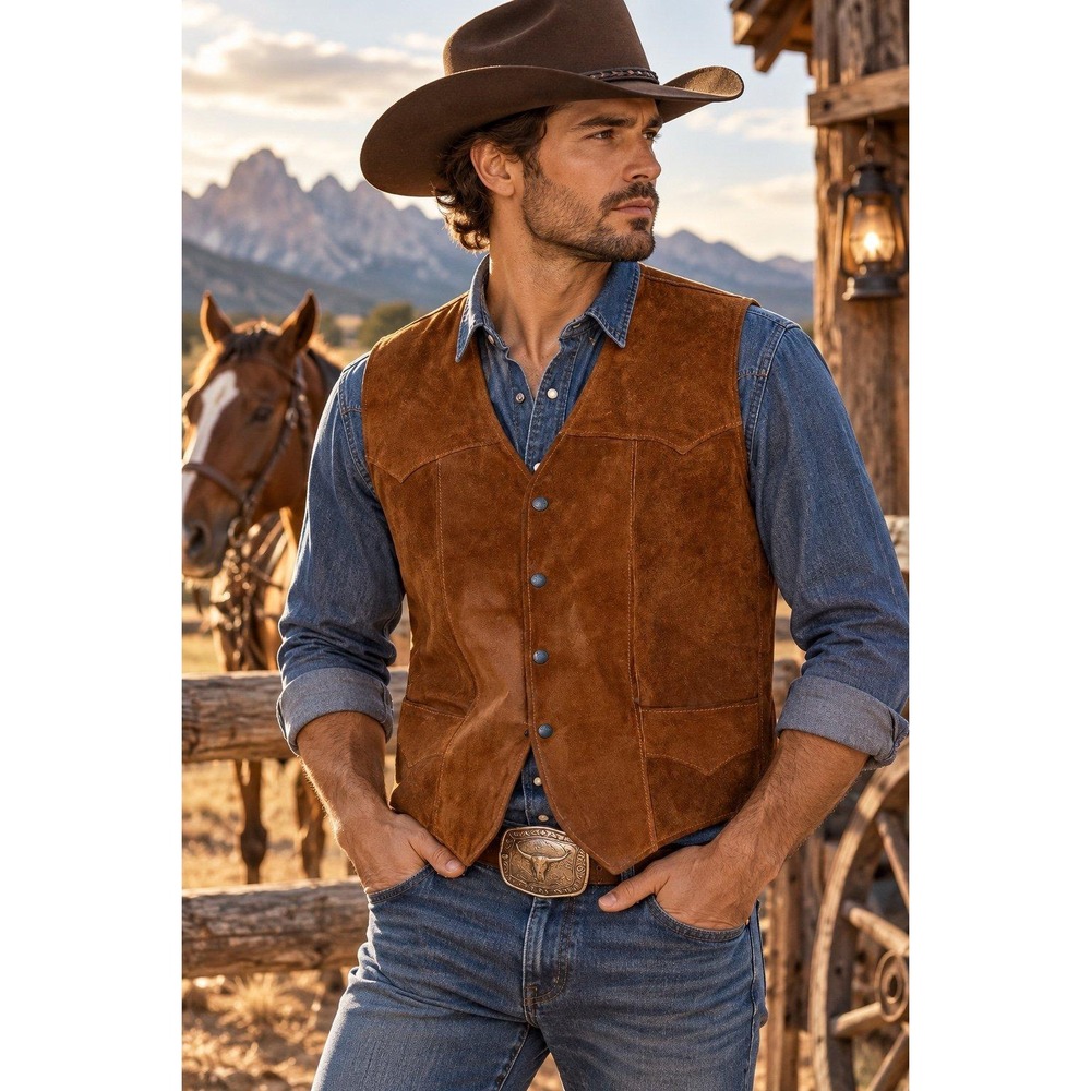 Vintage Pioneer Wear Suede Leather Western Cowboy Vest Brown Men's Size 44